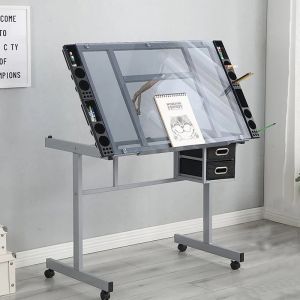 SAINTVILLA Drawing Glass Table Lift Drawing Desk with Extra Side Table Drawers and Leather Ottoman Adjustable Height Art Craft Drafting Table