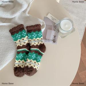 [COD] Home Base Cute Flower Coral Fleece Plush Mid-calf Socks Womens Autumn Winter Thicken Warmer Socks Home Floor Sleeping Sock Christmas Gift