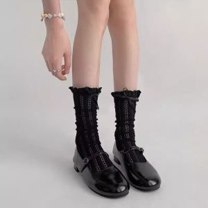 One shoes ถุงเท้าผู้หญิง ถุงเท้าลูกไม้ ถุงเท้าลูกวัวกลางตาข่ายบางระบายอากาศได้ ถุงเท้าลูกวัวกองโบว์ jk ฤดูร้อน