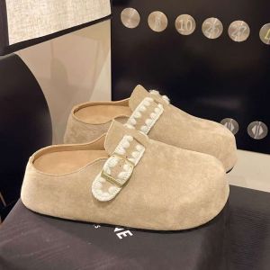 [Free Shipping] Spring 2026 New Slip-On Platform Sandals For Petite Women Thick-Soled Height-Increasing Closed-Toe Half-Slipper Style For Outdoor Wear