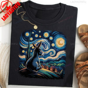 Van Gogh Donkey T-Shirt Starry Night Farm Animal Tee Funny Donkey Lover Shirt Unique Homestead Tshirt Men Women Cotton Tee Tops