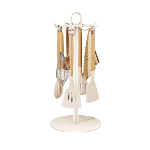 QUA Stable Base Rotating Utensil Storage Rack Movable with Water Tray Pot Shovel Rack Kitchenware Rack 8 Hooks Spatula Storage Rack for Home