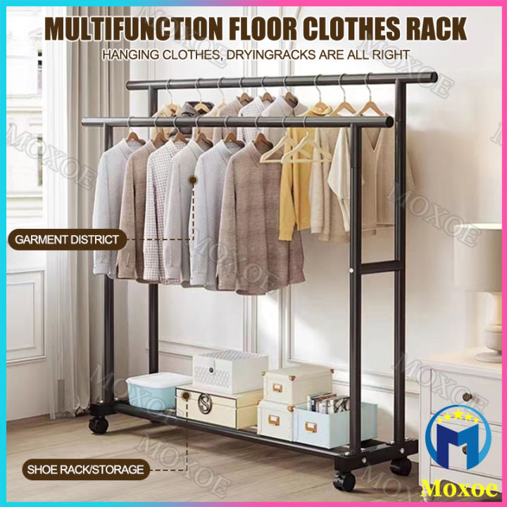Double Rod Clothes Rack Standard Rod Simple Rolling Metal Garment Rack ...