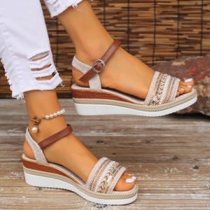 [Free Shipping] Summer Plus-Size Rope-Soled Platform Roman-Style Thick-Soled WomenS Sandals With Buckle And Wedge Heel And Open-Toe Design