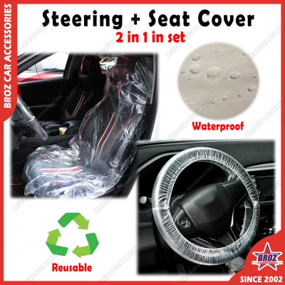 Keep Your Car Clean !! 1 PCS Seat Cover + 1 PCS Steering Cover 2 in 1 Car Transparent Plastic Soft Waterproof Disposable Dust Proof Sarung Kusyen Kereta PE Sarung Stereng Kereta Selimut Kereta Prevent Shirt Direct Contact To The Car Seat