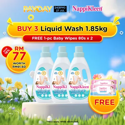 [Payday Exclusive] Nappikleen Anti-Bacterial Liquid Wash (1.85kg) x3 + Nappikleen Baby Wipes 80s x2
