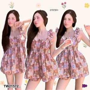 TW21572 Set 2 ชิ้น เสื้อสายเดี่ยวสม้อค ลายช้าง + กางเกงขาสั้น ..