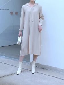 Miyake High-End Pleated Dress Korean Style Lazy Style Plus Size Loose Casual Hooded Dress #5007