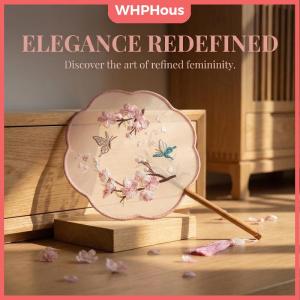 WHPHous Flower Embroidery Silk Round Fan Retro Handmade Paddle for Women Traditional Dress Party and Themed Photo Props