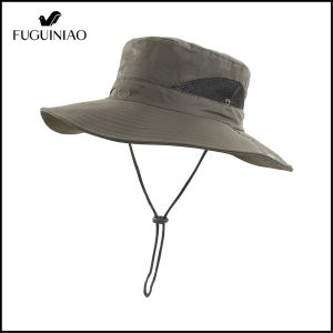 FUGUINIAO Men Bucket Hat Breathable Mesh Bucket Hat Solid Color Large Brim Outdoor Sun Protection Bucket Hat