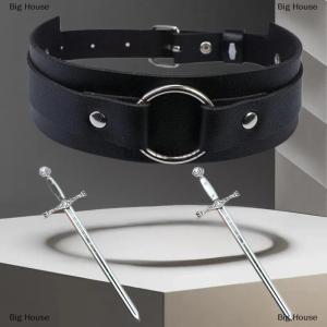 [COD] Big House 3pcs Punk Black Leather Arm Bands With Metal Double Sword Upper Arm Bracelet Gothic Halloween Cosplay Accessories