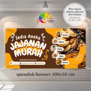 Cetak Spanduk Banner Cokelat dan Kuning Organik Ilustratif Banner Aneka Jajanan Murah