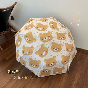 Cute Rilakkuma Anti UV Foldable Umbrella Automatic Sun Waterproof Umbrella Vinyl Payung Mini Lipat 可爱轻松熊黑胶防晒动漫遮阳自动手柄雨伞