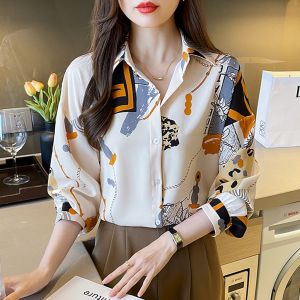 COD High Quality Fabric New Fashion Loose Chiffon Long Sleeve Shirt for Women Korean Style Red Printed Casual Work Shirts