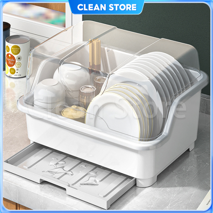 Kitchen Dish Rack with Cover Plastic Dish Rack Storage Box Dustproof