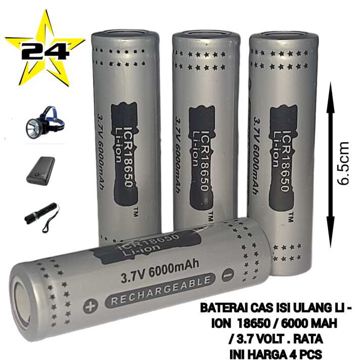 BATERAI  CAS 18650 / BATTERAI ISI ULANG TYPE BATRE 18650 3.7V 6000MAH RATA PAKET 4 PCS
