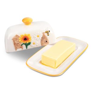 Butter Dish With Lid 3D Relief Design Hand Drawn Cute Sunflower Bee Pattern Butter Container Kitchen Tableware Ceramic Dishes