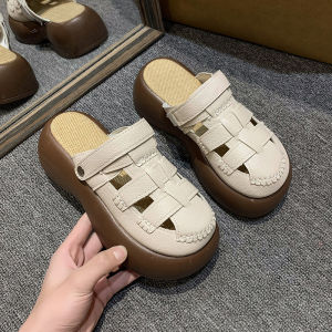[Free Shipping] Two-Wear Hollow-Out Toe-Cap Sandals For Women New Style Perforated Roman Sandals Thick-Soled Half-Slipper Sandals For Women Low-Heeled Outdoor Sandals