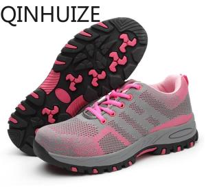 QINHUIZE Labor insurance ladies shoes womens fashion breathable deodorant safety light Korean version of the summer steel toe caps anti-smashing anti-piercing work shoes