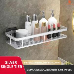 SG Stock Rust Proof Aluminum Alloy Bathroom Organizer No Drill Wall Rack With Towel Bar Hooks Multifunctional Shelf