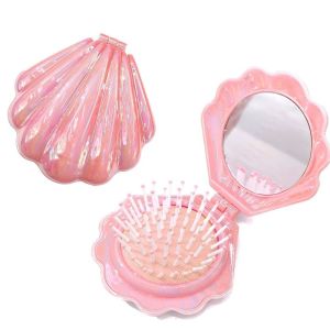 Portable Sea Shell Vanity Mirror Folding Mini Plastic Pocket Mirror Aesthetic Anti-static Air Cushion Comb Airbag Hair Brush