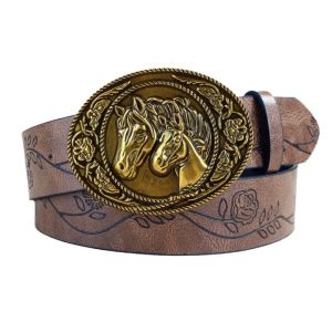 XIJIBAN Carved Western Cowboy Belt Luxury Design Trendy Brand PU Leather Belt Vintage Horse Buckle Jeans Pants Belt For Women Man