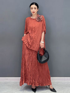 XITAO Round Neck Two-piece Half Sleeve Solid Color A-line Skirt Set - LYD1836