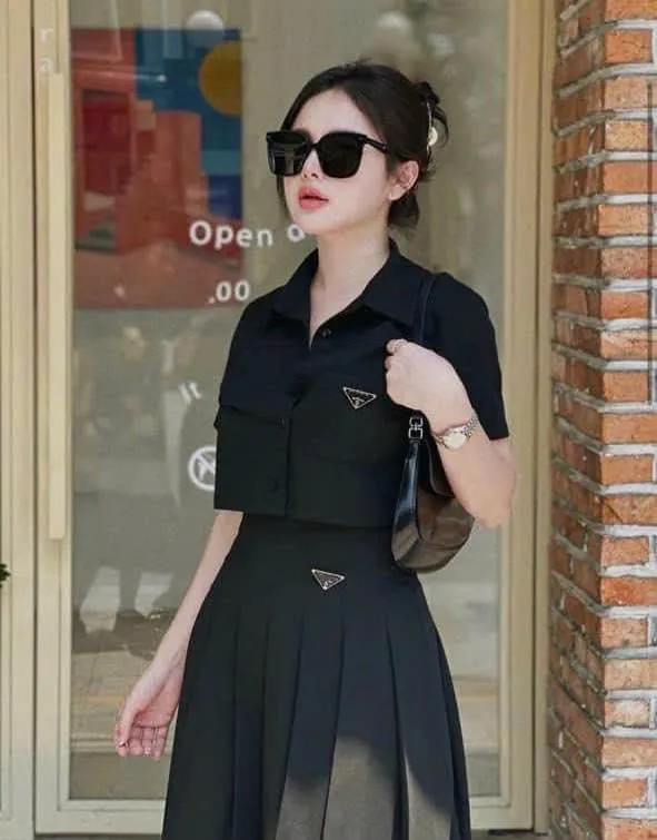 Set áo váy cổ bèo công sở màu đen Tracy Set, áo croptop kèm chân váy chữ A  LADY QUẢNG CHÂU | Lazada.vn