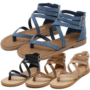 35-42 Strap Sandals Leather Upper Flat Shoes Women Dinner Dress Party Strapy Ladies Shoes Roman Clip Toe Low Heel Office Wear Rubber Sole