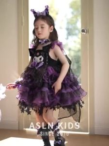 2-12Y Kuromi Gown 6pcs whole set Girl Summer Lolita Princess Dress blakc star birthday dress