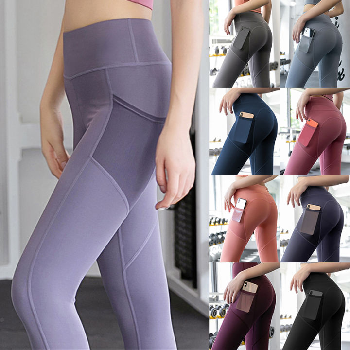 Solid Color Hip Lifting Fitness Gym Sports Leggings With Pocket, High Waist  Yoga Workout Running Tight Pants, Women's Activewear