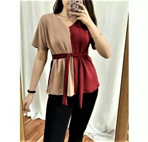 atasan kombinasi wanita jumbo blouse lengan pendek leher v baju atasan wanita dewasa tali pinggang