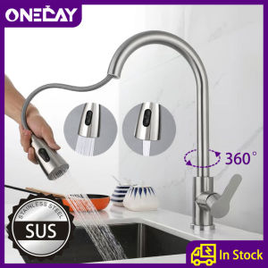 ONEDAY Gripo Sa Lababo Kusina Faucets For Sink Kitchen Gooseneck Pull Out Kitchen Faucet Mixer Water Tap Stainless Steel Hot Cold Rotating 360 Degree With Sprayer