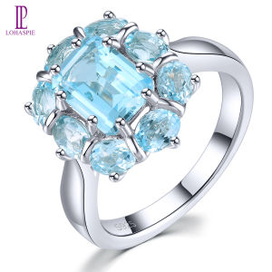 Lohaspie Jewelry Genuine 3.7 Carats Ring Silver 925 Original Sale Natural Sky Blue Topaz Ring Light Blue Gemstone Ladies Ring With Gemstone 925 Silver Jewelry