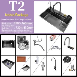 New advanced waterfall multi-function sink black diamond kitchen sink SUS304 stainless steel kitchen sink 3MM black nano thickened strip sink