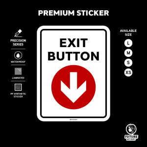 Exit Button Arrow Sign. Up Down Left Right Pointing Direction. Sticker Sign Signage Notice Label. Go Out Outside.