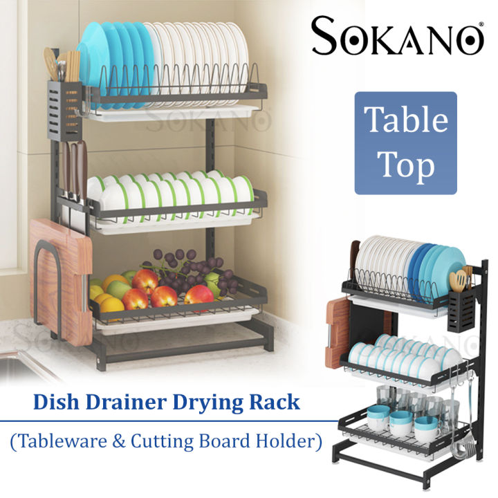 SOKANO KR026 3 Tiers Super Premium Stainless Steel Dish Drainer Dish Drying Rack Storage Rack with Tableware Holder and Cutting Board Holder Table Top Or Wall Mounted Lazada