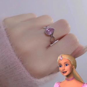 TIMIA มงกุฎมงกุฎดอกไม้ แหวนเจ้าหญิงตุ๊กตาบาร์บี้ เพทายสีชมพู รูปร่างหยดน้ำหยด อุปกรณ์เครื่องประดับอัญมณี บุคลิกภาพที่ดี แหวนเปิด หัวเข็มขัดคริสตัลสวมนิ้ว สำหรับผู้หญิง