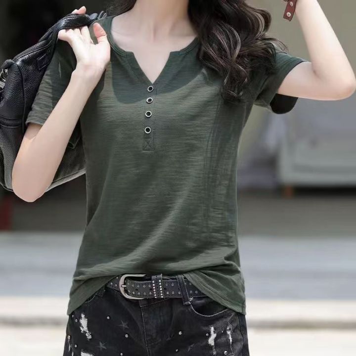 Slub cotton Fashion Army Green T-shirt Women Plain V Neck Short