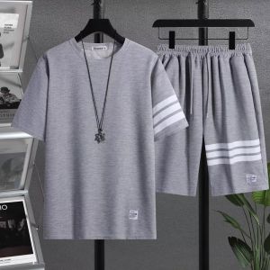 Summer mens three-stripe set short-sleeved shirt and shorts loose-fitting five-point shorts sporty waffle-knit casual set