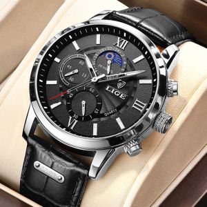 LIGE Casual Men Watch 24 Hour Moon Phase Leather Clock Sport Waterproof Chronograph Watches For Men Quartz Clock + Box
