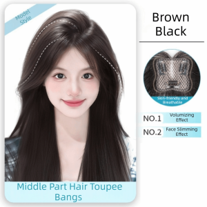 OKDEALS01 Invisible Middle Part Hair Toupee Bangs Straight Hair Extension Fluffy Synthetic Hairpiece Seamless Clip In Hair Toppers Wigs for Women