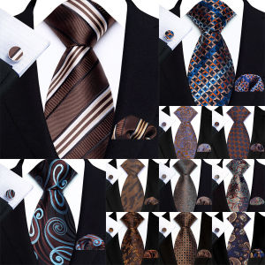 Mens Ties Handkerchief Cufflinks Set Tuxedo Accessories Luxury Brown Stripes Dot Floral Neckties for Party Dinner Wedding
