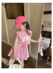 kyiibaby Summer kindergarten girls thin style Waffle letter vest + shorts two suits kybb168