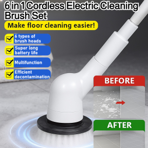6 in 1 Cordless Electric Cleaning Brush Set Rechargeable Spin Scrubber with Replaceable Heads  Adjustable Handle for Kitchen Bathroom Tiles