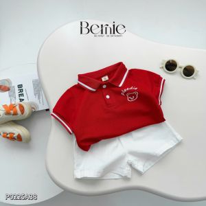 Set bộ polo tay ngắn cổ bo dệt họa tiết gấu kèm quần short kaki bé trai 1 tới 7 tuổi BERNIE P0225A38