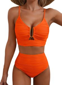 2026 New European and American Bikinis V Womens high-waisted textured ruched swimsuit with hollow neckline bikini