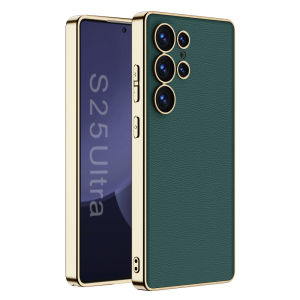 Luxury Plating S25 Ultra S25U Vegan Leather Case Back Cover Gloss Gold Accent Samsung Galaxy S25Ultra Casing Full Body Shockproof Soft TPU Protective Phone Case with Raised Bezel