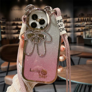 Premium Bumper Cute Glitter Bear Flip Lens Lanyard Phone Case for IPhone 11 12 13 14 15 Pro Max Strap Casing 7+ 8 Plus Xs Max Xr Soft Silicone Shockproof Cover
