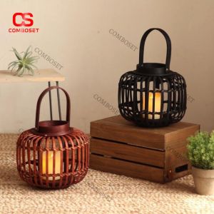 Cặp Đèn Lồng Vintage Khung Nan Tre LED Trang Trí Sân Vườn